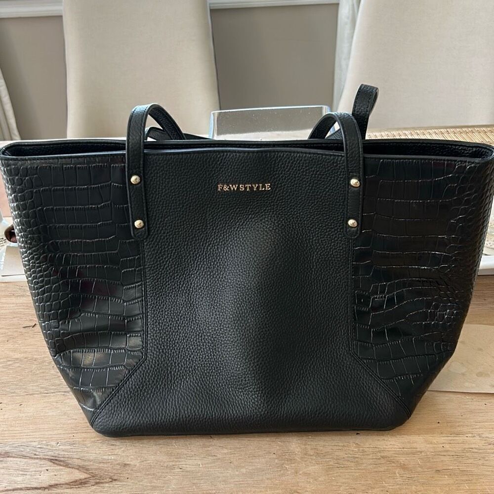 F&W Style black leather tote bag with pink lining